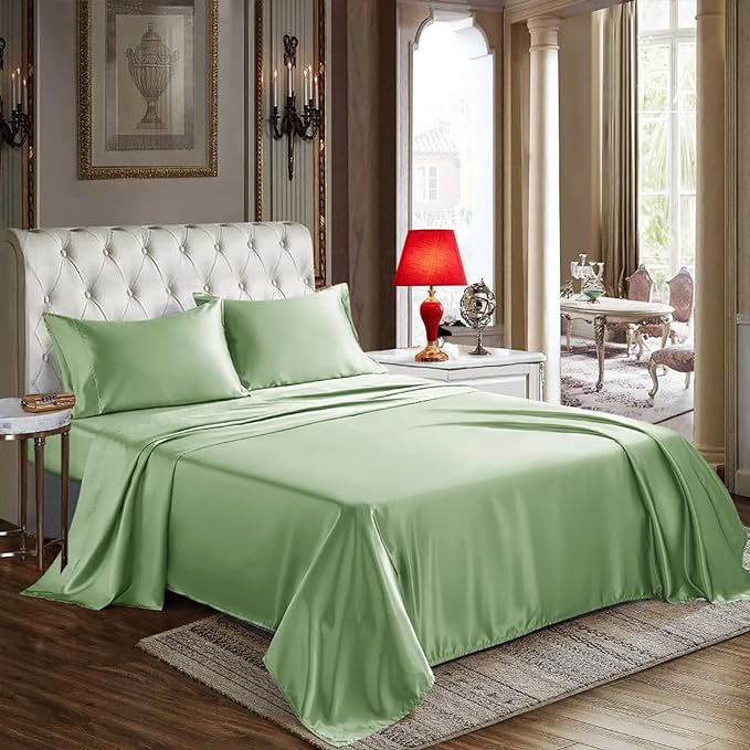 CozyLux Satin Sheets Queen Size - 4 Piece Sage Green Bed Sheet Set with Silky Microfiber, 1 Deep Pocket Fitted Sheet, 1 Flat Sheet, and 2 Pillowcases - Smooth and Soft