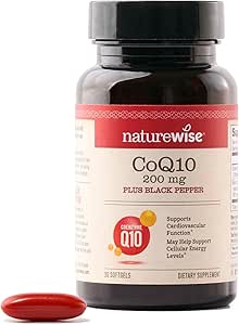 NatureWise CoQ10 200mg Softgels, High Absorption Coenzyme Q10 with BioPerine Black Pepper - Antioxidant for Heart Health   Cellular Energy - Vegan, Non-GMO, Gluten-Free - 30 Softgels[1-Month Supply]