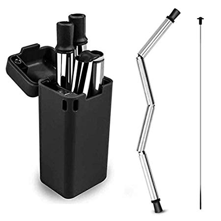 Collapsible Reusable Straws Stainless Steel Drinking Straws Premium Food-Grade Foldable Silicone Straw (Black)