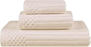 Superior 3 Piece Cotton Towel Set, Includes 1 Bath Towel, 1 Hand Towel, 1 Face Towel/Washcloth, Daily Use for Bathroom, Guest Bath, Quick Dry, Ribbed, Absorbent, Essentials, Soho Collection, Ivory