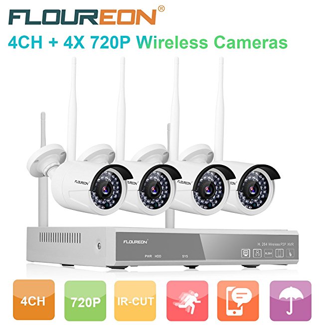 FLOUREON Wireless CCTV Security House Camera System 4CH NVR Kits 1080P   4 Pack 720P 1.0MP HD Wireless IP Network Wifi Camera Night Vision Remote Access Motion Detection (4CH  4X 720P Camera)