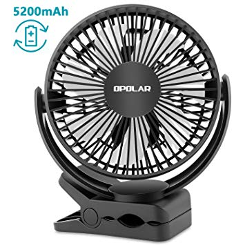 OPOLAR 5200mAh Battery Powered Clip on Fan, Strong Clamp with 3 Speeds, installed Batteries or USB Operated, Quiet but Strong Wind Clip on Fan for Crib, Baby Stroller, Treadmill, Oudoor or Office