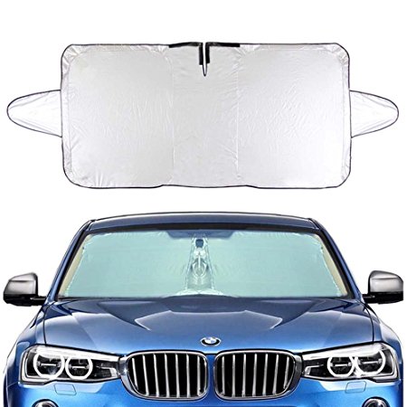Felizcoche Windshield Sun Shade Rectangle Rings Silver UV Reflector Universal Fit Inside Use for Summer Reduce Heat,Outside Use for Winter Block Snow 63“x33”With Ear