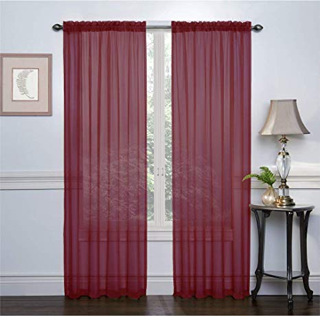 GoodGram 2 Pack: Basic Rod Pocket Sheer Voile Window Curtain Panels - Assorted Colors & Sizes (Burgundy, 84 in. Long Pair)
