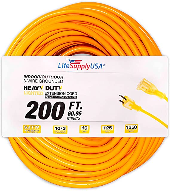 200 ft Extension Cord 10/3 SJTW with Lighted end - Yellow - Indoor / Outdoor Heavy Duty Extra Durability 10 AMP 125 Volts 1250 Watts by LifeSupplyUSA