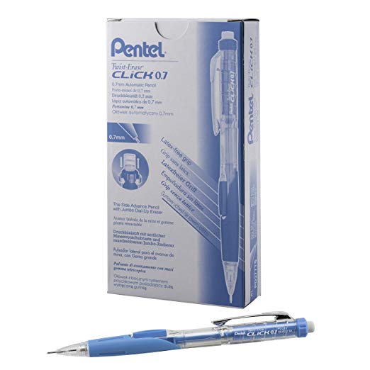 Pentel Twist-Erase CLICK Mechanical Pencil, (0.7mm), CLEAR Barrel, Sky Blue Grip, 12 pack (PD277TS)