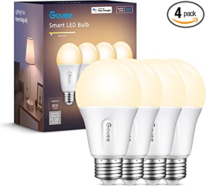 Govee Smart Light Bulbs, Wi-Fi and Bluetooth Light Bulbs, Works with Alexa & Google Assistant, 9W 60W Equivalent Dimmable LED Light Bulbs, 2700K Soft Warm White LED Bulbs, No Hub Required, 4 Pack