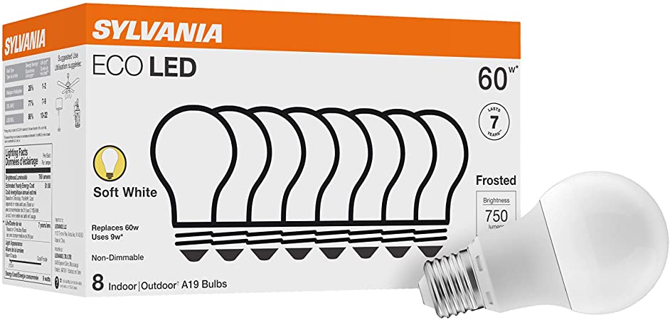 SYLVANIA ECO LED Light Bulb, A19 60W Equivalent, Efficient 9W, 7 Year, 750 Lumens, 2700K, Non-Dimmable, Frosted, Soft White - 8 Pack (40821)
