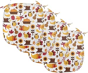 Ambesonne Harvest Chair Seating Cushion Set of 4, Cartoon Fall Composition Nuts Maple Leaves Owls Roosters Pumpkins, Anti-Slip Seat Padding for Kitchen & Patio, 16"x16", Orange Red Brown