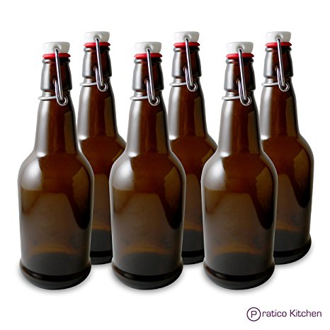 Secure Swing 16 oz Beer Bottles with Ceram-Seal Ceramic Cap for Fermentation & Carbonation of Beer, Soda, & Kombucha - 6 Pack - Amber
