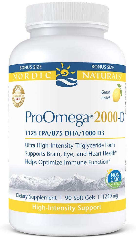 Nordic Naturals ProOmega 2000-D - Fish Oil, 1125 mg EPA, 875 mg DHA, 1000 IU Vitamin D3, High-Intensity Support for Cardiovascular, Neurological, Eye, and Immune Health*, Lemon Flavor, 90 Soft Gels