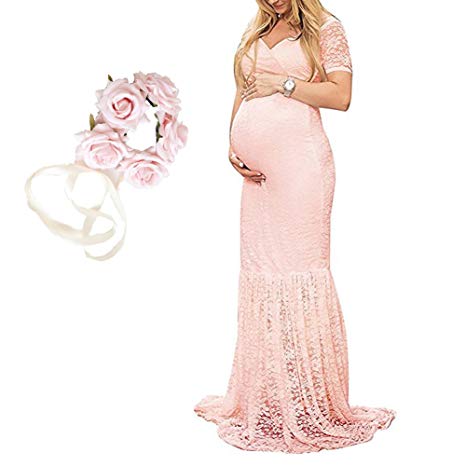 Happy GoGo Women's Off Shoulder Short Sleeve Lace Maternity Gown Maxi Photography Dress