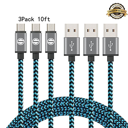 SGIN Micro USB Cable,3-Pack 10ft Nylon Braided Charging Cord - Extra Long USB 2.0 Sync and Charge for Android Devices, Samsung Galaxy, Sony, Motorola Nokia,and More(Green Black)