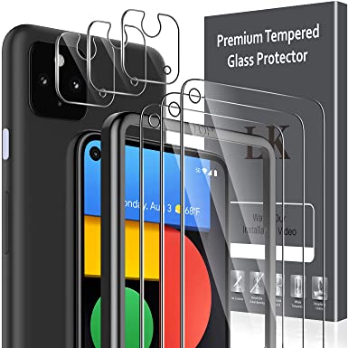 LK 6 Pack 3pcs Screen Protector & 3pcs Camera Lens Protector Compatible with Google Pixel 4a 5G 6.2 Inch Tempered Glass, NOT Compatible with Google Pixel 4a 4G 5.8 Inch, Easy Frame Installation