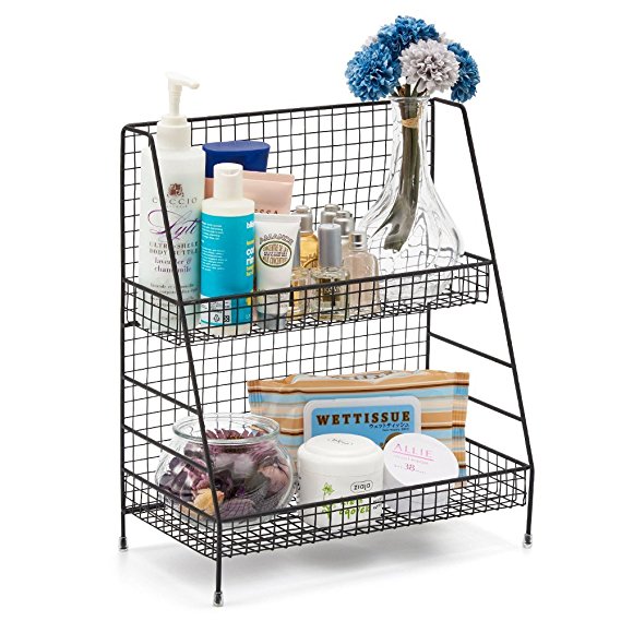 2-Tier Organizer Rack, EZOWare Wire Basket Storage Container Countertop Shelf for Kitchenware Bathroom Cans Foods Spice Office and more - Black