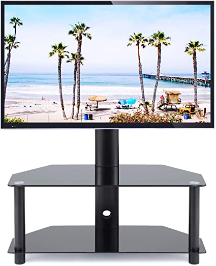 5Rcom Swivel Corner Floor TV Stand with Mount Bracket for 27 32 37 42 47 50 55 inch Plasma LCD LED Flat or Curved Screen TVs,2 Tier Tempered Glass Shelves for Media Storage,Weight Capacity 110lbs