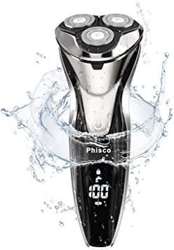 Phisco Electric Shavers Men Wet and Dry, Cordless Rechargeable IPX7 Waterproof Electric Shaver, Men’s 3D Rotary Shaver for Shaving Electric Razor with Pop-up Trimmer, LCD Display