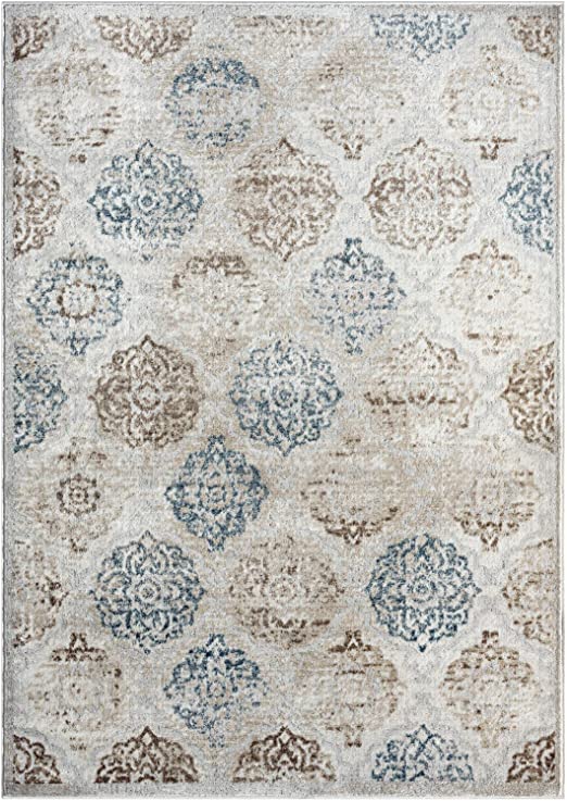 Home Dynamix Boho Andorra Transitional Damask Area Rug, Ivory/Navy Blue, 6'6"x9'2"