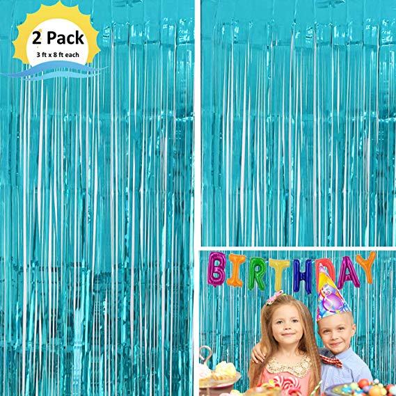 Moohome 2 Pack 3ft x 8ft Aquamarine Foil Curtains Metallic Tinsel Fringe Curtains Shimmer Door Window Curtain Backdrop for Birthday Wedding Bridal Shower Baby Shower Photo Booth Party Decorations