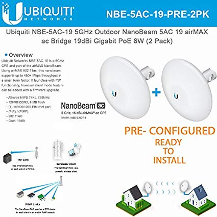 Ubiquiti NBE-5AC-19 PRECONFIGURED NanoBeam 5 ac Bridge 5GHz airMAX 19dBi (2PACK)