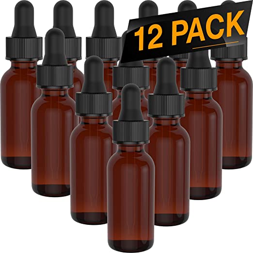 12 Pack Essential Oil Roller Bottles - Round Boston Empty Refillable Amber Bottle with Glass Dropper for Liquid Aromatherapy Fragrance Lot - (1/3 oz) 10ml