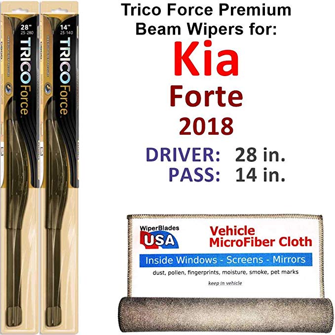 Premium Beam Wiper Blades for 2018 Kia Forte Driver & Passenger Trico Force Beam Blades Wipers Set of 2 Bundled with Bonus MicroFiber Interior Car Cloth