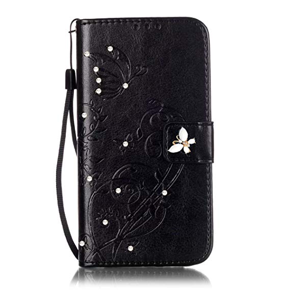 LG K30 Wallet Case,LG K10 2018 Case with HD Screen Protector,PU Leather Flip Butterfly Flower Case with Credit Card Holder and Kickstand Phone Cover for LG K10 Alpha/LG Premier Pro LTE,Black/Bling
