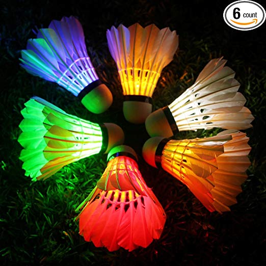 Inngree LED Badminton, 6Pack Shuttlecock Dark Night Goose Feather Glow Birdies Lighting For Outdoor Indoor Sports Activities