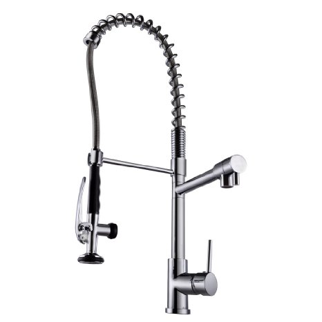 KES L6908B All Brass Single Handle Pull Down Pre-rinse Spring Kitchen Faucet with Two Swivel Spouts, Chrome