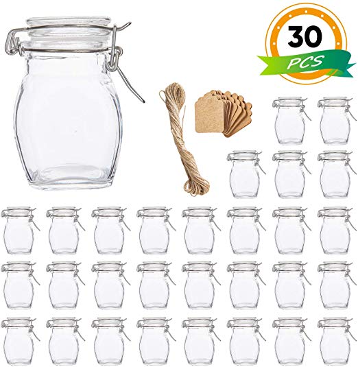 Spice Jars, Flrolove 30 Pack 3.5oz Oval shaped Glass Jars with Leak Proof Rubber Gasket & Hinged Lid,Small Glass Containers with Airtight Lids for Home, Party Favors