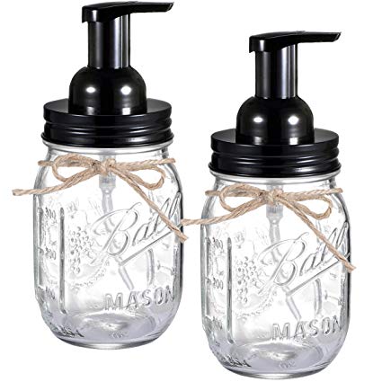 Andrew & Sarah Mason Jar Foaming Soap Dispenser - with 16 Ounce Ball Mason Jar for Bathroom Vanities,Kitchen Sink,Countertops - Made from Rust Proof Stainless Steel Lid and BPA Free Pump/Black,2 Pack