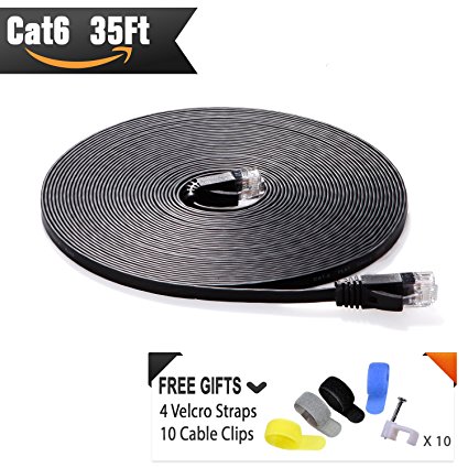 Cat 6 Ethernet Cable Black 35ft (At a Cat5e Price but Higher Bandwidth) Flat Internet Network Cable - Cat6 Ethernet Patch Cable Short - Computer Lan Cable With Snagless RJ45 Connectors