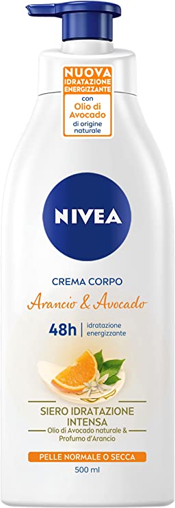 NIVEA Crema Corpo Arancio e Avocado Pump da 500 ml, Crema Corpo Energizzante per Pelli Normali e Secche, Crema Corpo Idratante con Olio di Avocado e Profumo d'Arancio