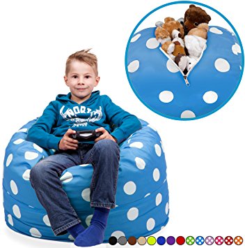 Stuffed Animal Storage Bean Bag Chair in Ocean Blue with White Polka Dots. FILL IT, ZIP IT AND SIT IN IT! Clean Up the Room in Style AND Get Yourself a Premium 95” Bean Bag Chair For Free!