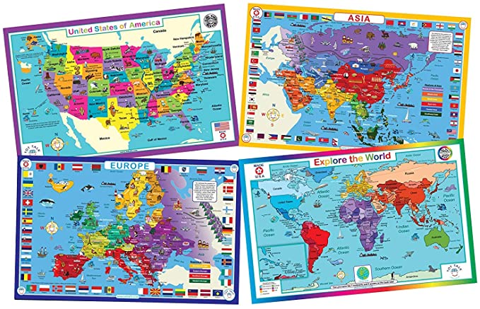 Tot Talk Educational Kids Placemats - Geography Set of 4 Maps: USA, World, Asia, Europe - Reversible Activities - Waterproof, Washable, Wipeable, Durable, Double-Sided Table Mats, Made in The USA