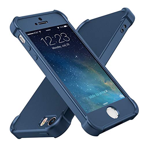 iPhone SE Case,ORETech iPhone 5S Case 360° Full Body Shockproof [Air Cushion] Ultra Thin with [Transparent Tempered Glass Screen Protector] Anti-Scratch Hard PC   TPU Bumper Rubber iPhone 5 Case - Navy Blue