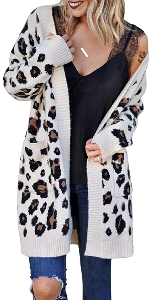 Exlura Women's Cardigans with Pockets Oversized Loose Leopard Printed Open Front Knitted Kimono Long Sleeve Sweater