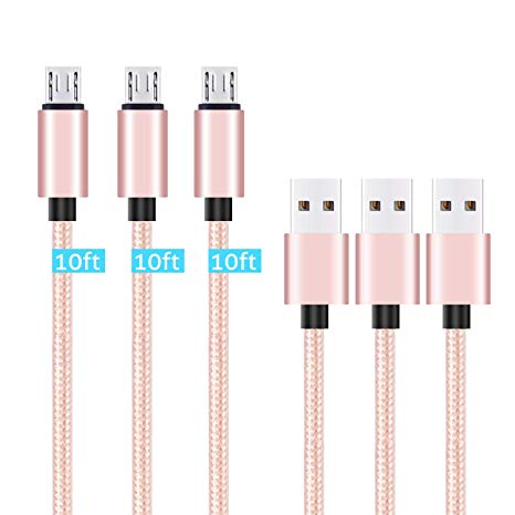 Micro USB Cable,[10ft3Pack] by Ailun,High Speed 2.0 USB A Male to Micro USB Sync & Charging Nylon Braided Cable for Android Smartphone Tablets Wall and Car Charger Connection [Rosegold]