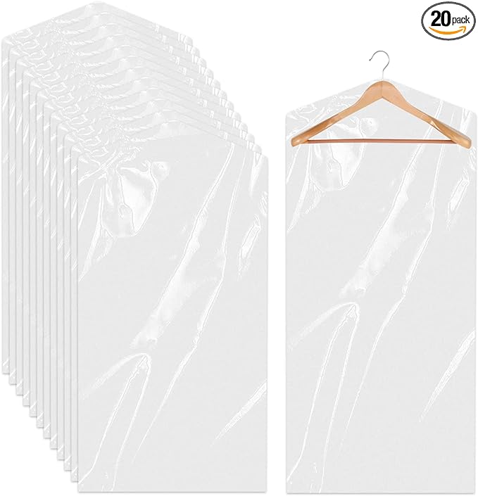 20 Pack Clear Clothes Covers 23.6x47.2 inch Plastic Garment Bags Dry Cleaner Bags for Hanging Clothes Dust-proof Transparent Clothing Protector Covers for Closet Storage