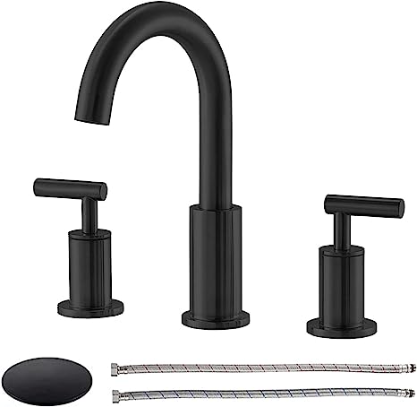 Comllen 3 Hole Matte Black Bathroom Faucet, Two Handle Widespread Black Bathroom Sink Faucet Lavatory Vanity Faucet with Pop-up Drain and Water Supply Lines