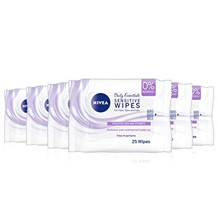 NIVEA Sensitive Cleansing Wipes, Pack of 6 (6 x 25 wipes), Sensitive Skin Make-Up Wipes with Vitamin E, Cleansing Face Wipes