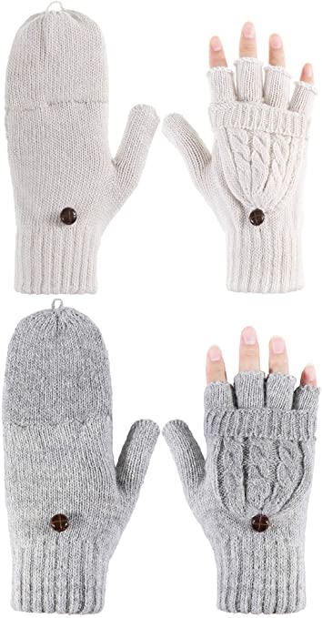 Tatuo 2 Pairs Women Fingerless Mittens Winter Convertible Gloves Knitted Half Finger Gloves with Cover