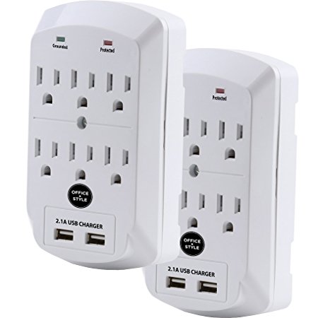 Office   Style 6 Outlet Surge Protector, Wall Adapter, White, 900 Joules (Pack of 2)