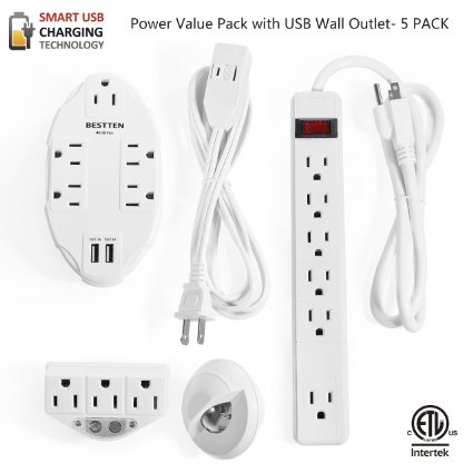 BESTTEN 16-Outlet Value Pack (USB Charging Wall Outlet, 3' Power Strip, 6' Extension Cord, Current Tap, Sensor Night Light) ETL Certified