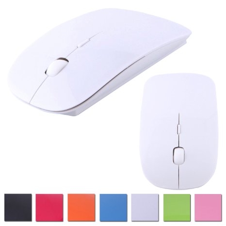 HDE Sleek Ergonomic Curved Wireless 24 GHz Optical Slim Mouse with DPI Switch White