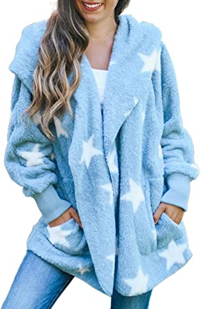 Dokotoo Womens Long Sleeve Solid Fuzzy Fleece Open Front Hooded Cardigans Jacket Coats Outwear with Pocket