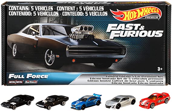 Hot Wheels Fast & Furious: Full Force Re-Release 5 Premium All-Metal Castings Real Riders wheels in Original Packaging in One Exclusive Bundle Box