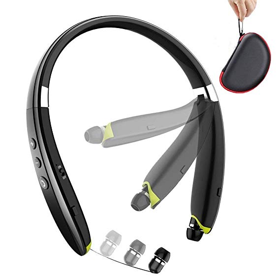 [2018 Newest]Foldable Bluetooth Headset,Wireless Bluetooth Headphones with Retractable Earbuds,Bluetooth Sweat proof Sport Headphones with Carry Case Built in Mic(black case)