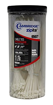 Cambridge ZipIts 650 Pcs Assortment -4", 8" & 11" Nylon Cable Ties Kit- Natural
