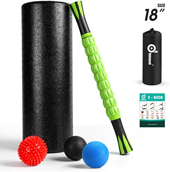 Odoland 6-in-1 18" Large Size Foam Roller Kit with Muscle Roller Stick and 3 Massage Balls, High Density for Physical Therapy, Deep Tissue Trigger, Pain Relief, Myofascial Release, Balance Exercise